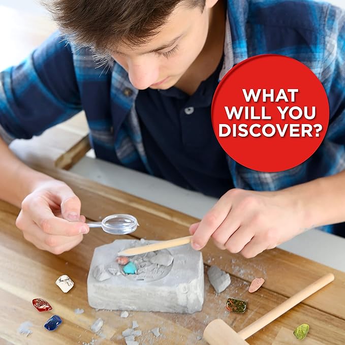 Discovery Kids Gemstone Dig Stem Science Kit by Horizon Group Usa, Excavate, Dig & Reveal 11 Real Gemstones, Includes Goggles, Excavation Tools, Streak Plate, Magnifying Glass & More