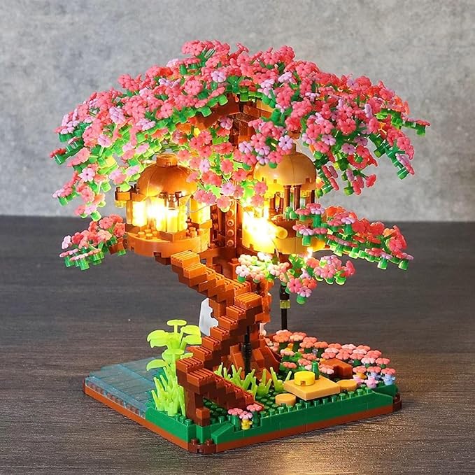 Peach Blossom Pond Micro Building Blocks Set Toys for Kids and Adults, Mini Cherry Bonsai Tree House with LED String Lights DIY Japanese Sakura Street Model Chinese Bricks Architecture Kit Teens Gift