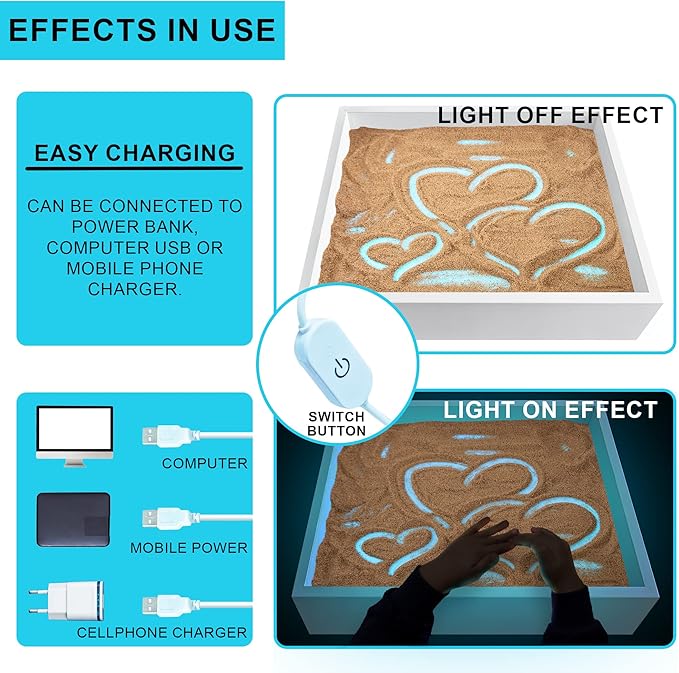 ArtCreativity Wood Sand Painting Light Box for Kids, Table LED Sandbox with 3 Light Up Modes and Sand Toys, Art Sand Animation, Relaxing Sensory Play, Exploration, Motor Skills & Learning
