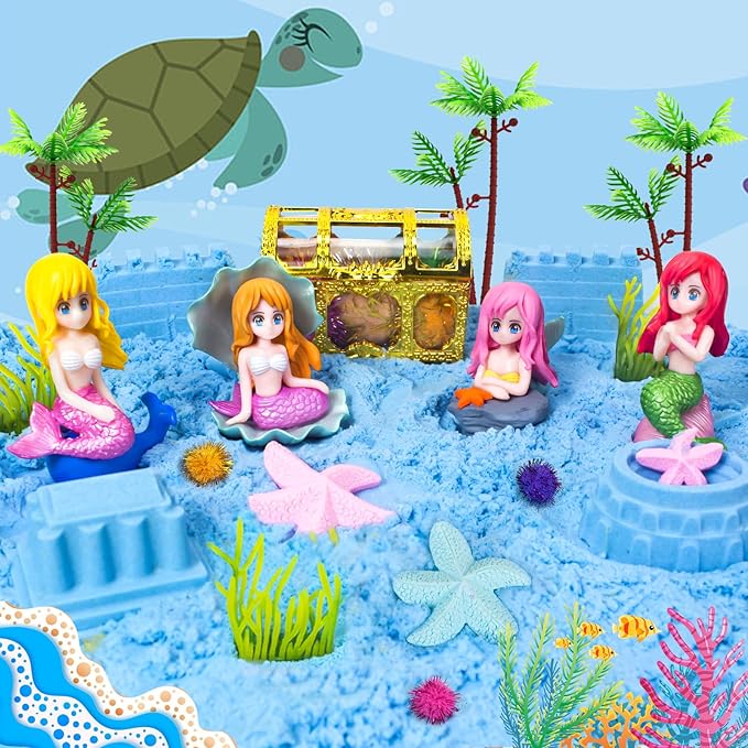 Mermaid Sensory Bin Sandbox Toys for Toddlers Girls Kids- Mermaid Toys for Kids Play Sand Kit Sensory Sand Bin Toys with 2.2 lbs Sand & Castle Mold,Great Christmas Birthday Gift for Girl Kids
