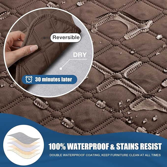 TAOCOCO 100% Waterproof Recliner Covers, Recliner Sofa Covers with Leg Straps, Reversible Recliner Couch Cover for Reclining Chair, Washable Couch Protector for Pets Kids(1 Seater 28", Brown)