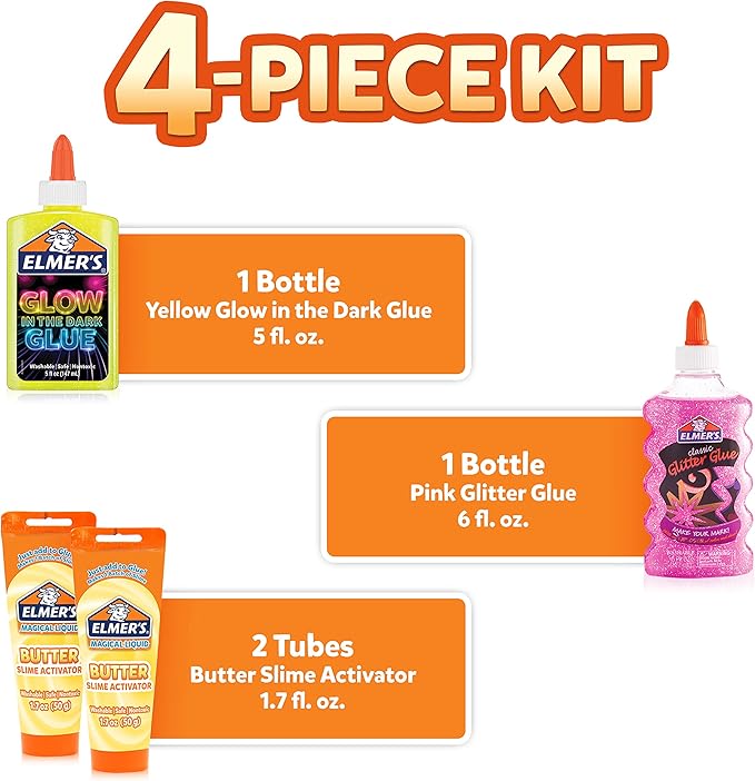 Elmer’s Butter Slime Kit, Includes Elmer’s Glow in the Dark Glue, Elmer’s Glitter Glue, Elmer’s Butter Slime Activator, 4 Count