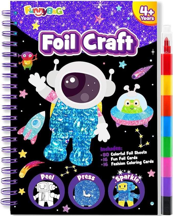 Foil Art Craft Activity for Kids: Fun DIY Toy Sticker Kit, No Mess Creative Travel Supply Set, Idea Birthday Easter Basket Stuffers Valentines Gift for Girl Boy Toddler 4 5 6 7 8 9 Year Old（Space）