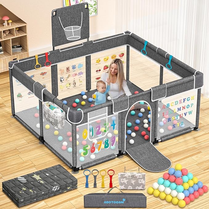 Baby Playpen with Play Mat, 71x51 Extra Large Playpen with Gate, Indoor & Outdoor Baby Fence, Anti-Fall PlayYard for Babies and Toddlers, Kids, Children's