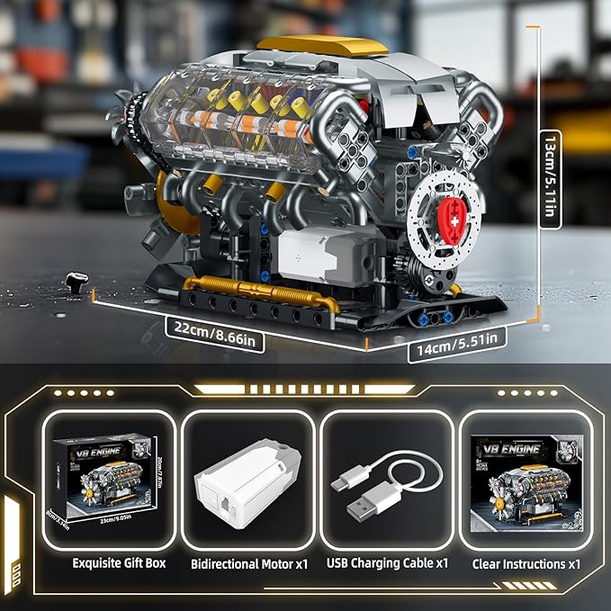 Ideas V8 Engine Building Kit for Adults, Build Your Own MOC Mini V8 Engine Model Toy for Display, Compatible with Lego Sets for Boys 8-14, STEM Building Project for Kids & Teens (692 PCS)