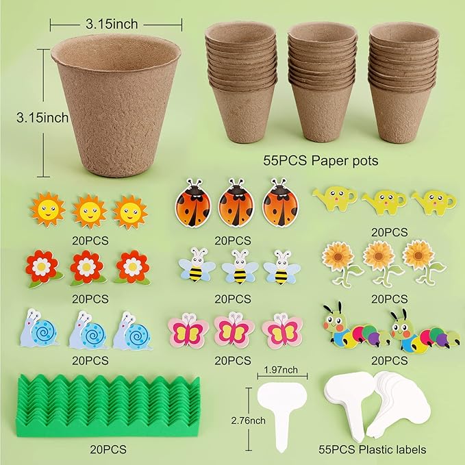 Ayfjovs Garden Paper Pot Craft Kit 55 Pack Flower Plant Spring Craft for Kids with 200 PCS Adhesive Foam Stickers and 55 PCS Plastic Plant Labels for Kids Garden, DIY and Early Education