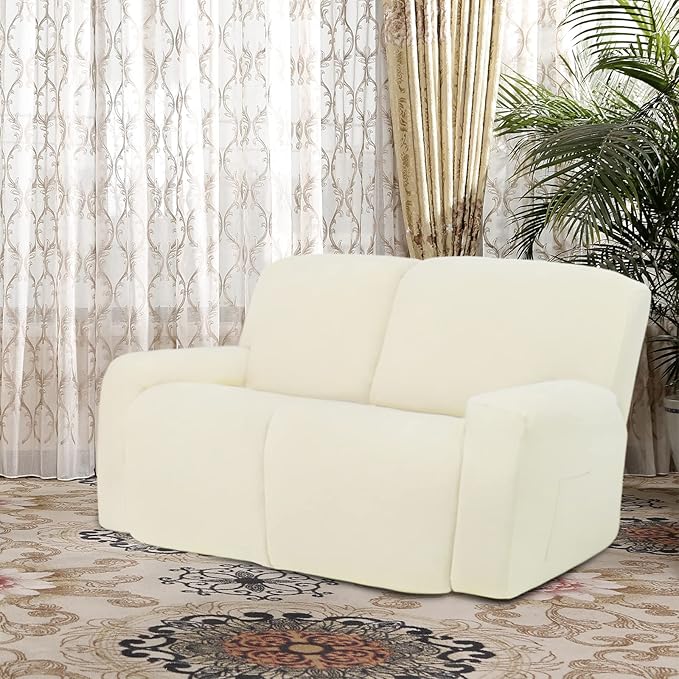 Easy-Going 6 Pieces Microfiber Stretch Sectional Recliner Sofa Slipcover Soft Fitted Fleece 2 Seats Couch Cover Washable Furniture Protector with Elasticity for Kids (Recliner Loveseat, Ivory)