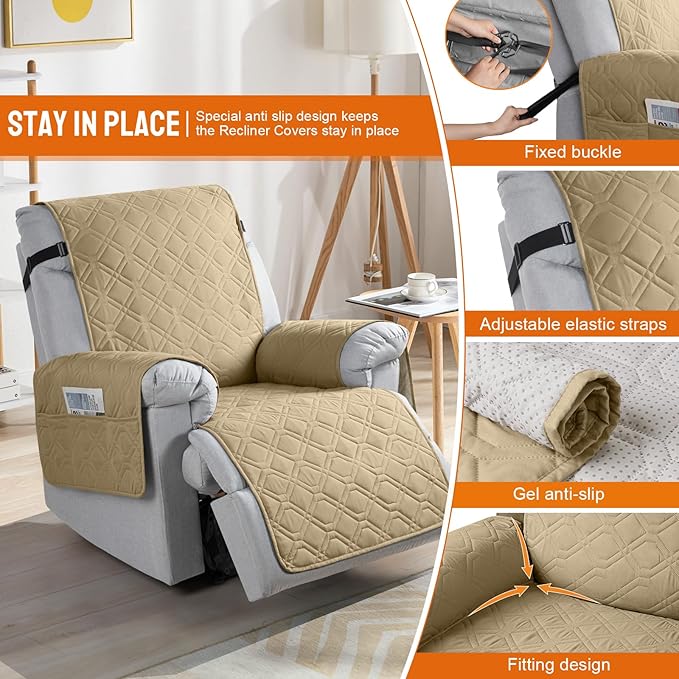 VANSOFY 100% Waterproof Recliner Chair Covers, Recliner Cover Non-Slip Dog Chair Cover Furniture Protector Washable Slipcover with Pocket, Elastic Straps for Pets, Dogs(Sand, 30")