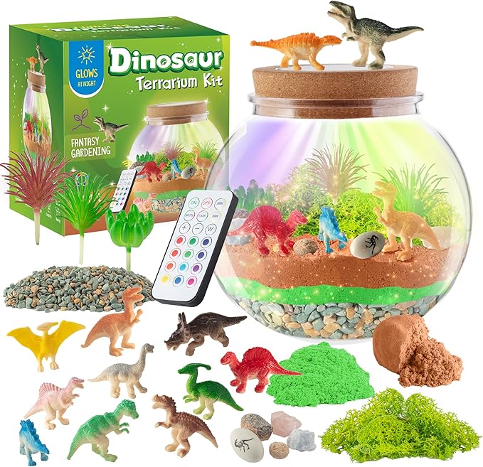 Dinosaur Gifts for Boys - Dinosaur Light-Up Terrarium Kit for Kids - Birthday Gift for Boys Ages 4 5 6 7 8-12 Year Old - DIY Dinosaur Toys for Boys - Arts and Crafts Kit for Kids