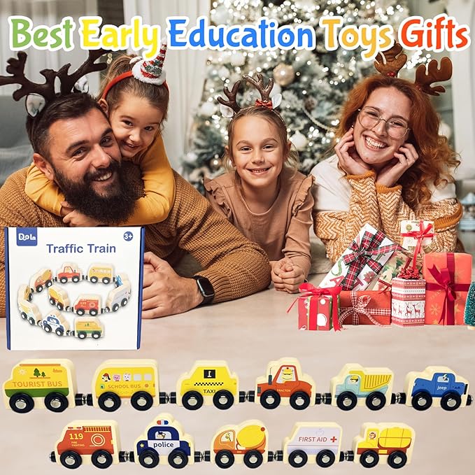 Montessori Toys for Toddler Age 1-3, Toddler Toy Wooden Magnetic Traffic Train Set with Playmat/Storage Bag for Baby Boy, Birthday for 1 2 3 Years Old Boys & Girls