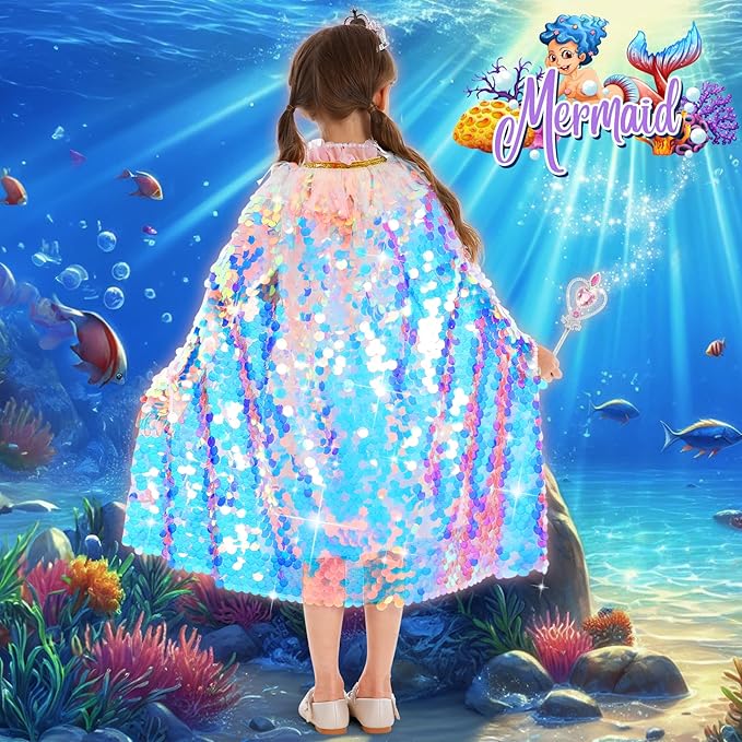 Princess Dress Up for Girls, 9Pcs Mermaid Costume Girls Birthday Gifts Cape Kit for Little Girls 3-8 Years Old, Princess Toys for Christmas Halloween Party Favors