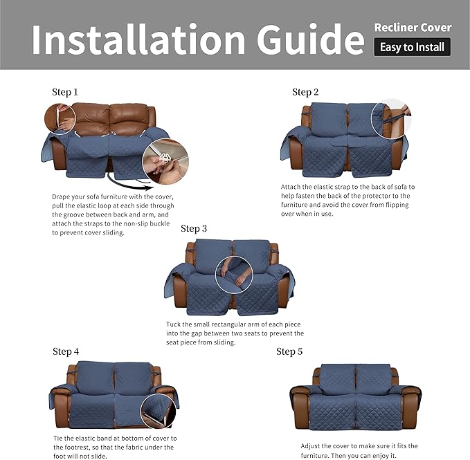 Easy-Going Recliner Sofa Cover, Reversible Couch Cover for Double Recliner, Split Sofa Cover for Each Seat, Furniture Protector with Elastic Strap for Kids, Dogs, Pets(2 Seater, Dark Blue/Light Blue)