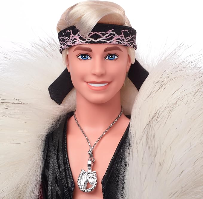 Barbie The Movie Collectible Ken Doll Wearing Big Faux Fur Coat & Black Fringe Vest with Bandana (Amazon Exclusive)