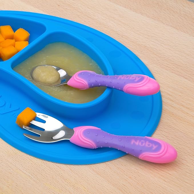 Nuby Stainless Steel Utensil, Pink/Purple, 2 Piece