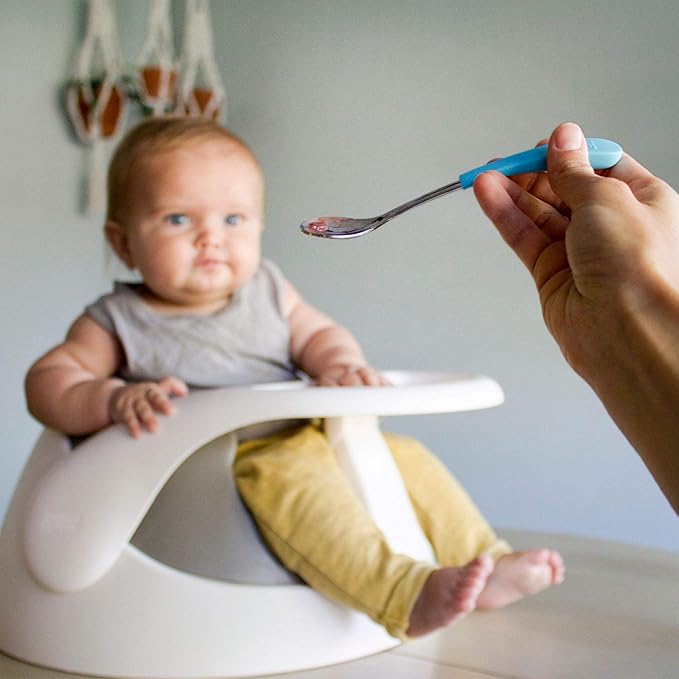 Avanchy Infant Baby Spoons Stainless Steel and Silicone Set, Self Feeding Food Utensils, 4 Months Baby Led Weaning, 2 Pack, Pink