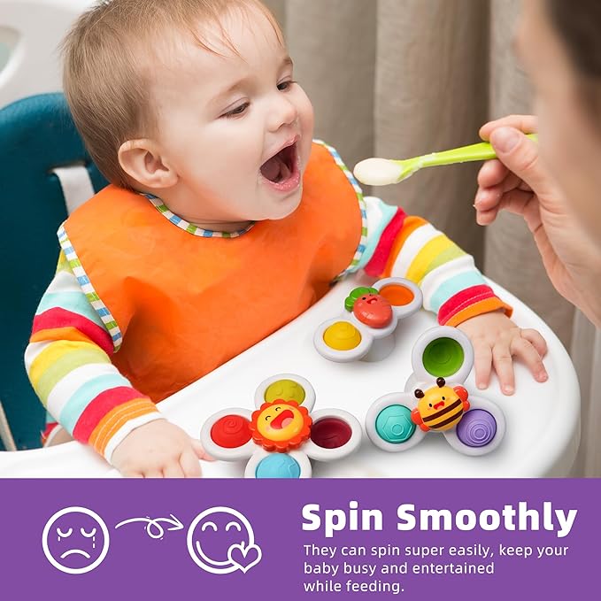 LiKee Strong Suction Cup Fidget Spinnerz Sensory Bath Toys for Baby 12 18 Months Airplane Car Travel Table & Window Toys for 1 2 Year Old Toddler Boys and Girls (Sun)