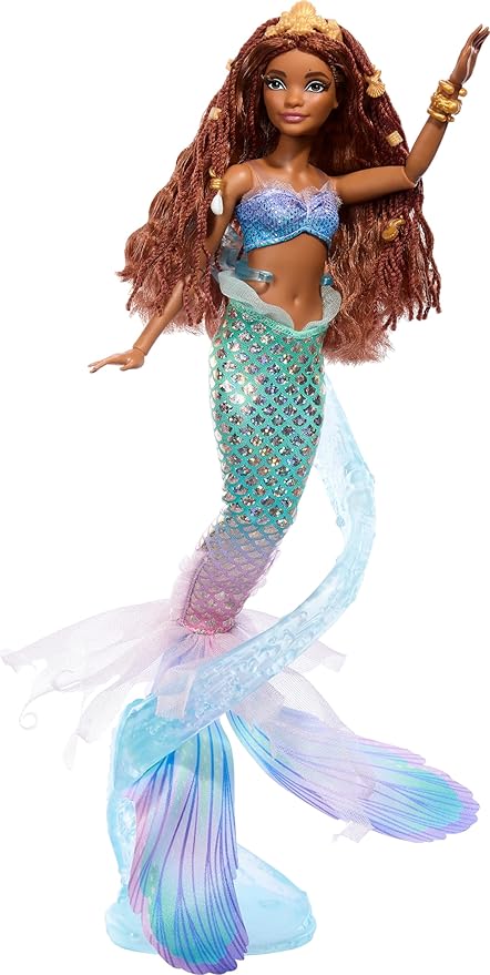 Mattel Disney The Little Mermaid Deluxe Ariel Doll with Iridescent Tail, Hair Jewelry Beads & Display Stand, Inspired by the Movie