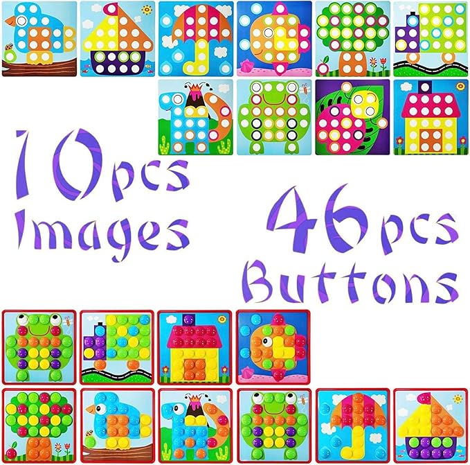 58 Pcs Button Art Toys for Toddlers,Color Matching Mosaic Pegboard for Toddlers,Early Learning Educational Toys Toddler Activities,Include 12 Pictures and 46 Buttons with Box