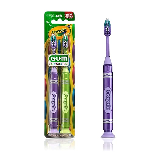 GUM Crayola Marker Children’s Toothbrush, Soft Bristled Kids’ Toothbrush Set Age 3+, Suction Cup Base, 2ct
