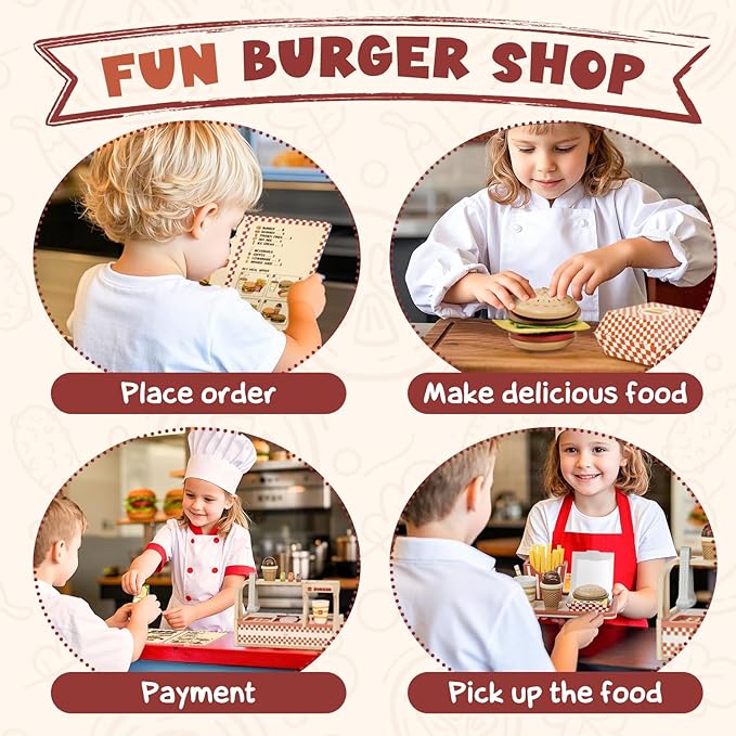 Lehoo Castle Wooden Play Food Sets, Toy Food for Kids Ages 4-8, Play Food Sets for Kids Kitchen, Play Hamburger Counter Shop, Fake Food Pretend Play for Toddlers 3-5