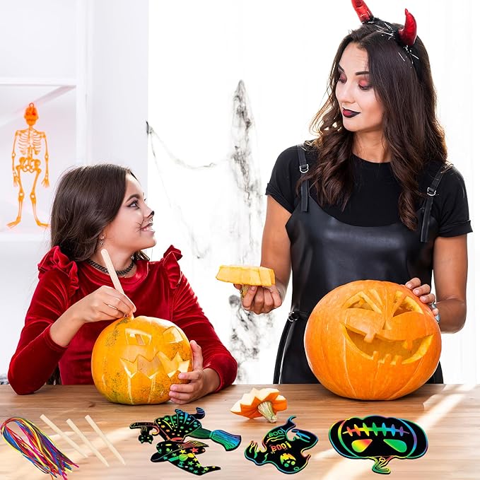 Halloween Scratch Paper Art Set - 48 Pcs Halloween 12 Design Magic Rainbow Scratch Off Cards for Kids, Hanging Ornaments for Halloween Party Favors Activities
