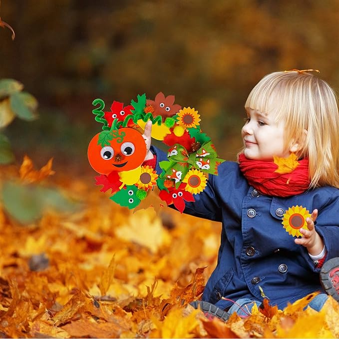 Winlyn 12 Sets Fall Craft Kits Kids Thanksgiving Halloween Pumpkin Crafts DIY Fall Foam Wreath Signs Decorations Art Sets Autumn Leaf Pumpkin Stickers Arts and Crafts for Kids Classroom Acitivities