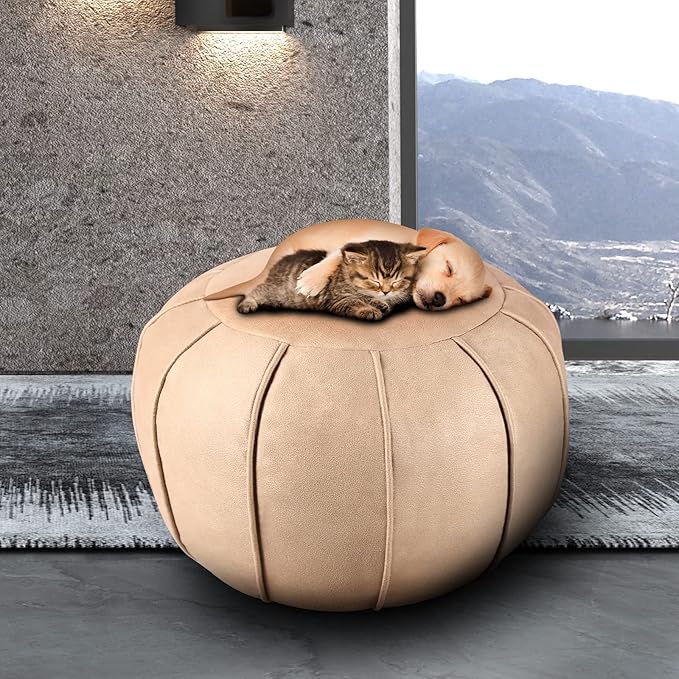 Louis Donné Pouf Ottoman Cover, Unstuffed Round Ottoman for Storage Solution, Supersoft Handmade Moroccan Decor Foot Rest, Footstool, Pouffe Seat for Balcony, Faux Leather Floor Chair, ONLY Cover