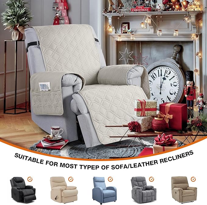 VANSOFY 100% Waterproof Recliner Chair Covers, Recliner Cover Non-Slip Dog Chair Cover Furniture Protector Washable Slipcover with Pocket, Elastic Straps for Pets, Dogs(Beige, 28")