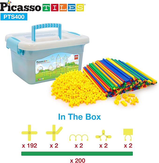 PicassoTiles 400pc Construction Toy Straw Building Set Children STEM Learning Interlocking Building Toys Creative Straw Connecting Builder Kits Early Education Kit for Kids Boys & Girls Ages 3+ PTS400