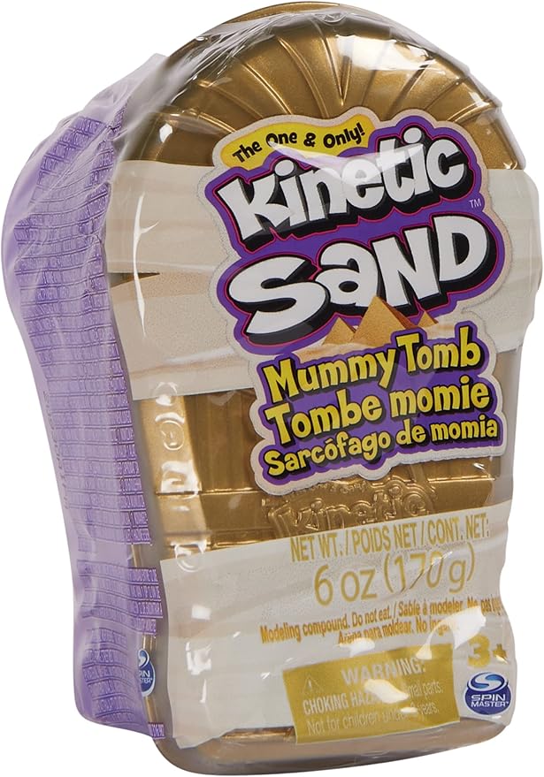 Kinetic Sand, Mini Mummy 170g Magic Sand, Kinetic Sand Brown, 1 Surprise Figure, 2 Accessories and 3 Gems Included, Toys for Boys and Girls 3 Years Old