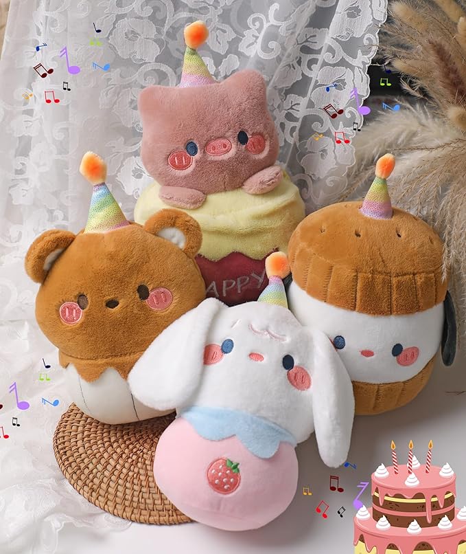 Dog Plush Birthday Stuffed Animal - Birthday Cake Stuffed Doll, Cute Sandwich Dog with Glowing Candle, Party Decorations, Kids' Gifts, 11 Inch
