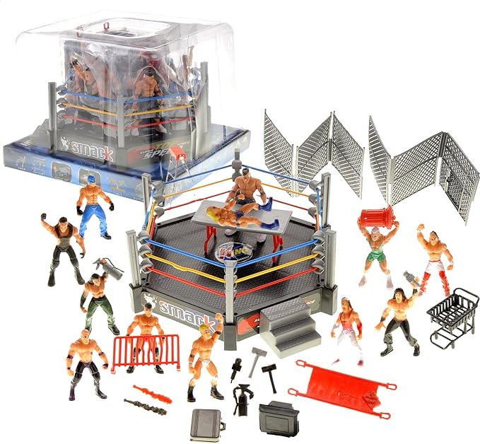 PowerTRC 2 Pack 32 Pcs Wrestling Toys for Kids, Wrestler Play Set with 2 Wrestle Rings Style, 12 Super Wrestlers, Many Realistic Accessories, Toy Figures Cake Topper Birthday Party Decoration Gift