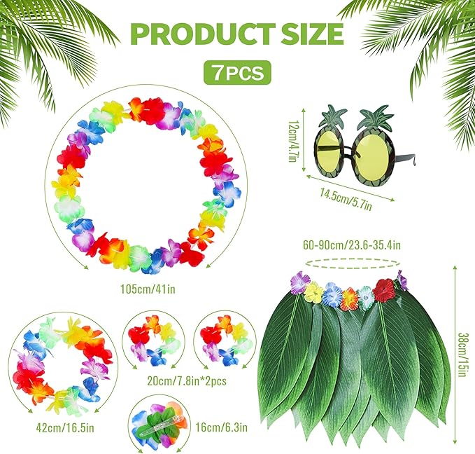 Fortuning's JDS Boys Girls Hawaiian Flowers Leaf Grass Skirts Garland Costume Set Beach Party Favors