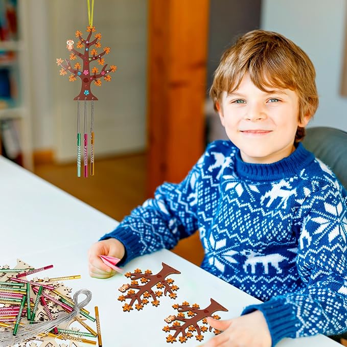 Fennoral 10 Pack Fall Wind Chime Kit for Kids Make You Own Fall Tree Wind Chime Wooden Arts and Crafts for Girls Boys DIY Coloring Fall Craft Activity Autumn Party Deocration