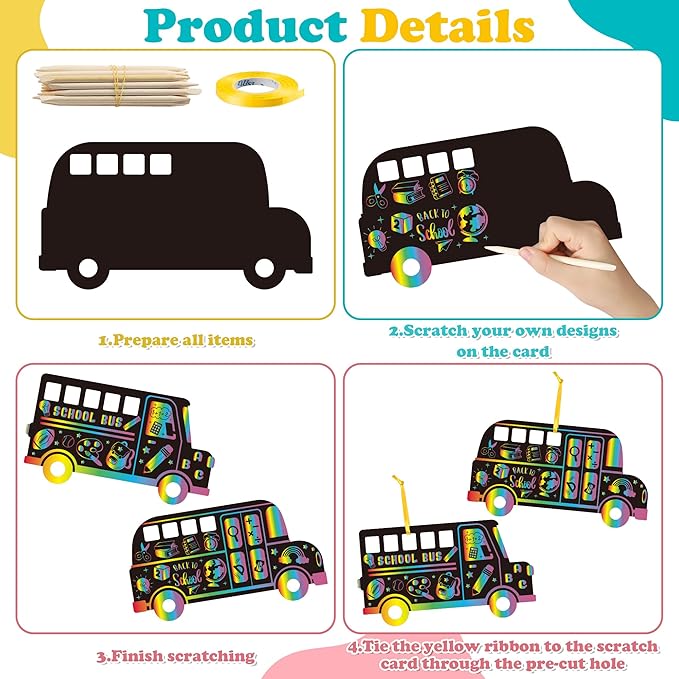 B1ykin School Bus Scratch Cards Gift - Back to School Magic Bus Scratch Paper Art Kit for Kids, DIY First Day of School Scratch Off Hanging Card Party Favors for Classroom Activity Art Project