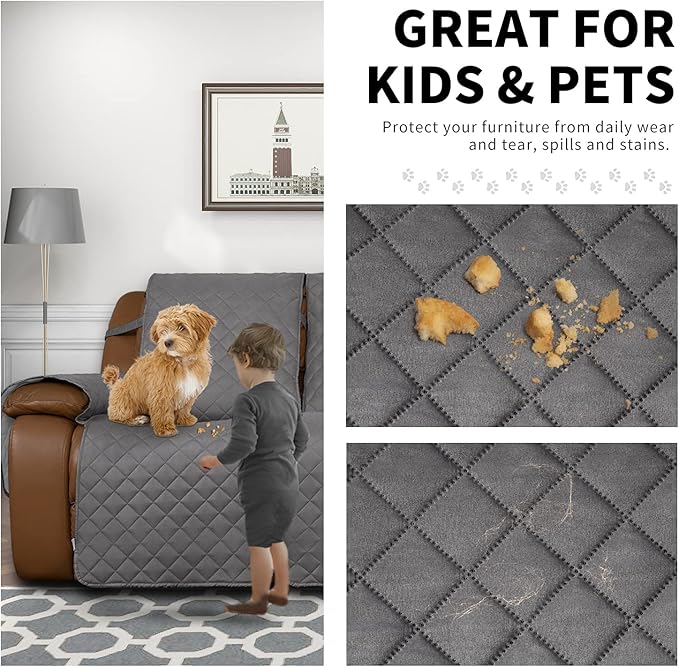 Easy-Going Recliner Sofa Cover, Reversible Couch Cover for 3 Seat Recliner, Split Sofa Cover for Each Seat, Furniture Protector with Elastic Straps for Dogs, Pets(3 Seater, Gray/Light Gray)