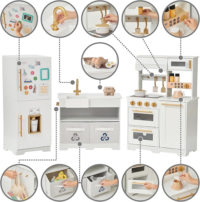 Teamson Kids Little Chef Atlanta Large Modular Wooden Play Kitchen with Interactive, Realistic Features, and 17 Kitchen Accessories, for 3yrs and up, Blue/White/Gold