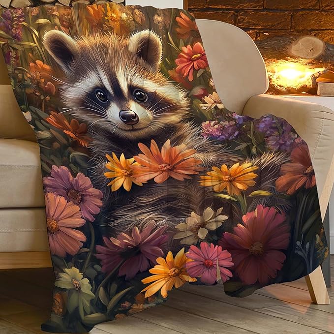 Raccoon Throw Blanket Cute Cartoon Raccoon Gifts for Kids Girls Boys Adults Women Men Soft Cozy Warm Plush Fluffy Fuzzy Fleece Blanket Birthday Festival Home Decor 40''X50''