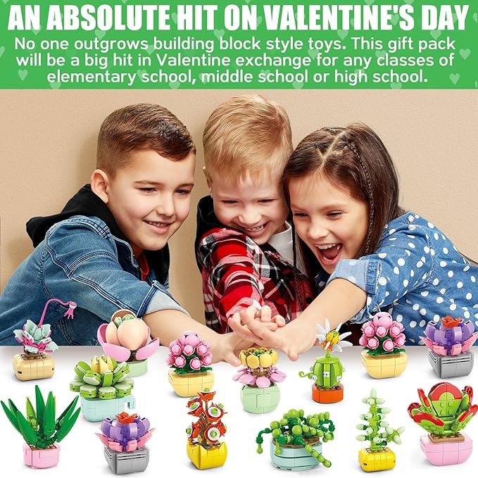 Valentines Day Gifts for Kids 6-12, 24 Pack Succulents Plants Building Blocks with Gift Cards for School Classroom, Bulk Boy Girl Class Valentine Party Favors Exchange Gift Goodie Bag Stuffers