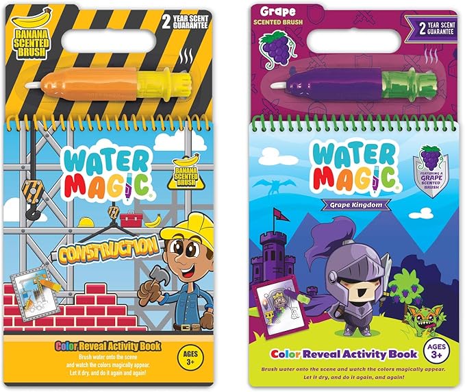 Water Magic - Patented Gourmet Scented Reusable Water Reveal Activity Books - No Mess, All Fun by Scentco (Grape Kingdom and Construction)