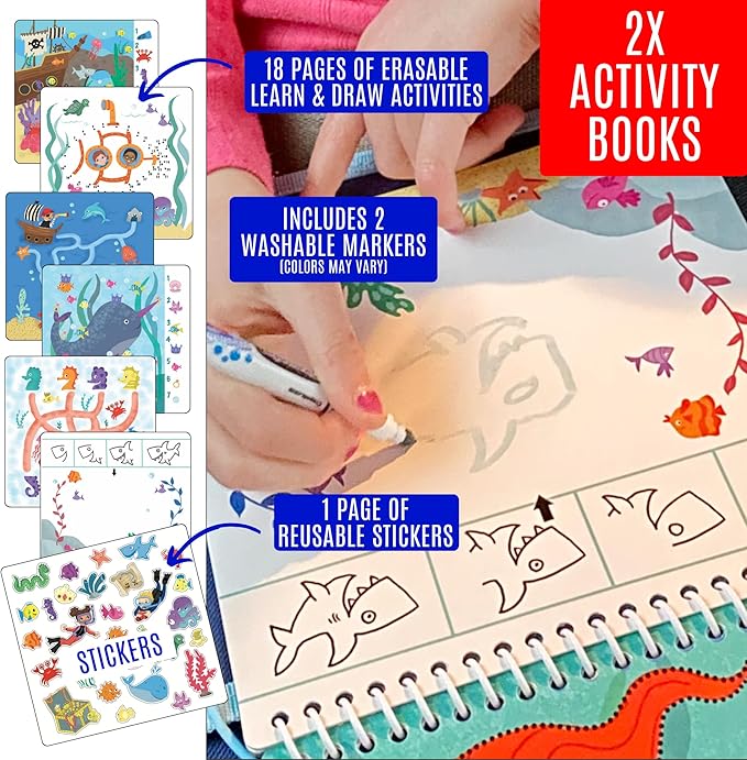 Kids Small Size Travel Educational Activity Books with Washable Markers (7"x7") - Car and Airplane Activities - Search and Find, Reusable Stickers for Ages 4, 5, 6 (Ocean & Space)