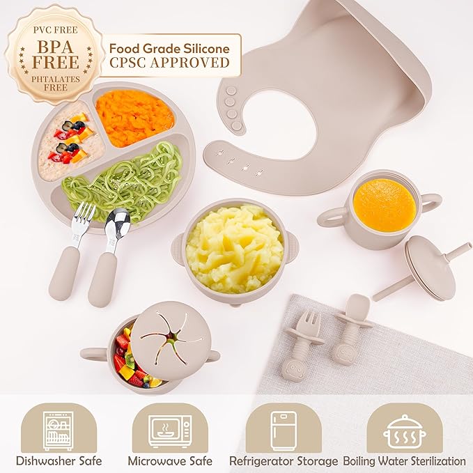 Silicone Baby Feeding Set, Baby Led Weaning Supplies, Eating Essentials Utensils with Suction Plate and Bowl, Pocket Bib, Sippy Cup with Lid, Forks Spoons Snack Container, for 6+ Months, Beige