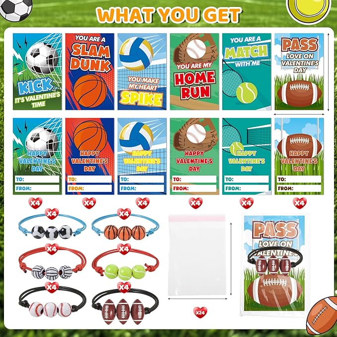 SpringFlower 24 Pack Valentines Day Cards For Kids, Valentine Day Gifts With Adjustable Sports Bracelets Toys, Valentine's Party Favors Prizes Valentine Kids Classroom Exchange