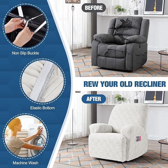 TAOCOCO Oversized Recliner Cover Stretch Recliner Chair Covers, Jacquard Reclining Chair Cover, Furniture Protector Sofa Slipcovers Couch Covers with Elastic Bottom for Kids, Pets(Cream White)