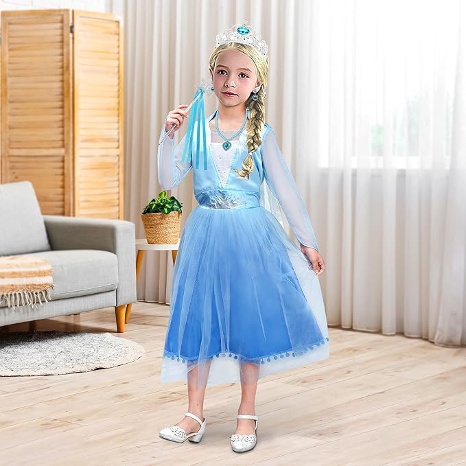 Els-a Princess Dress Costume Girls - 47.24 Inch Froze Cute Blue Princess Skirt Wig Set Role Play for Valentine's Day Birthday Party Gifts for Girls(120cm)
