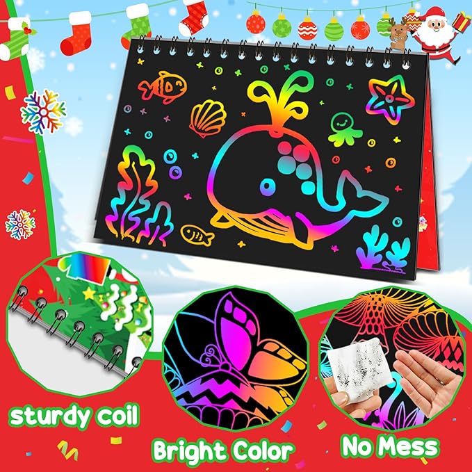 pigipigi Christmas Party Favor for Kids: 24 Pack Rainbow Art Scratch Notebook, Colorful Craft Scribble Paper Magic Black Drawing Pad kit, Activity Toy Gift Set for Girl Boy Children Birthday Christmas