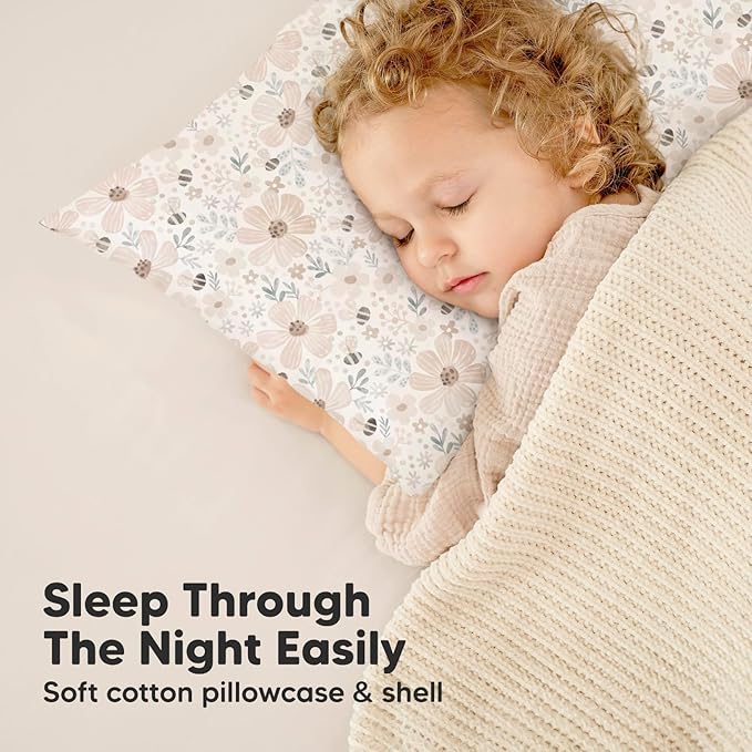 Toddler Pillow with Pillowcase - 13x18 My Little Dreamy Pillow, Organic Cotton Toddler Pillows for Sleeping, Kids Pillow, Travel Pillows, Mini Pillow, Nursery Pillow, Toddler Bed Pillow (Flora Vale)
