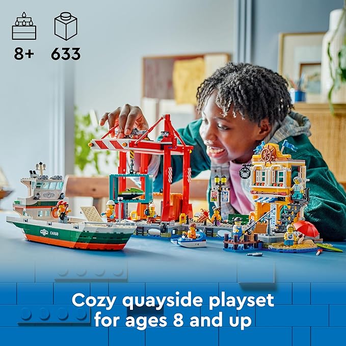 LEGO City Seaport with Goods Ship, Construction Toy Boat, Boys and Girls 8 Years and Older, Container Crane, Fishing Rod and Walkie Talkie 60422