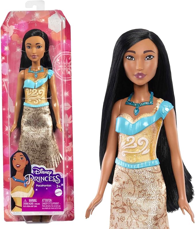 Mattel Disney Princess Toys, Pochontas Fashion Doll, Sparkling Look with Black Hair, Brown Eyes & Necklace Accessory, Inspired by the Movie