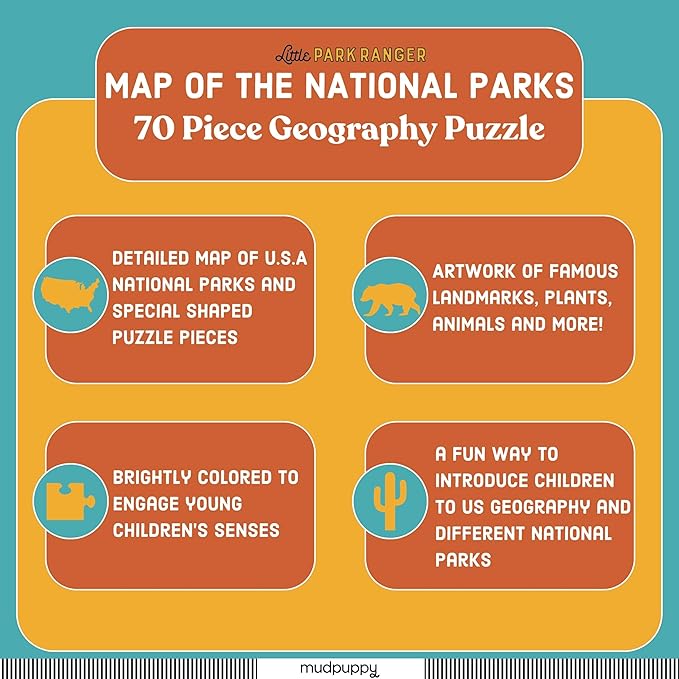 Mudpuppy National Parks Map – 70 Piece Geography Puzzle with Special Shaped Pieces Featuring Famous National Parks and Animals Across The United States